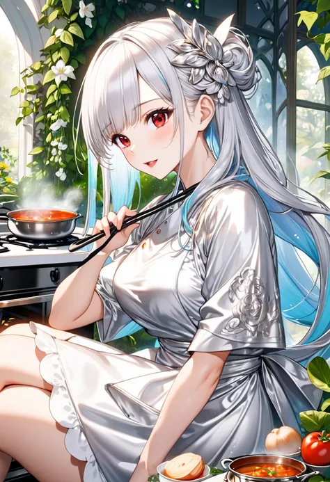 (beautiful and delicate) (Spectacular views illustration), (in a vivid silver color Elegant Goddess Robe, outerwear apron), (cooking style), (cooking stew, Heat the pot containing the stew on the stove), break, (profile, focus face), solo, (beautiful skin,...