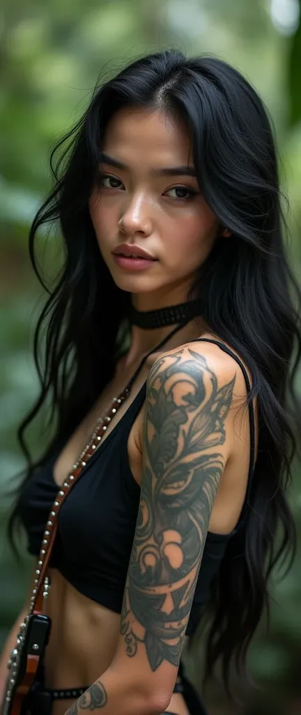 Beautiful Thailand model, with 40 years old, black hair , who is a musician and has a rock band, many tattoos and piercings