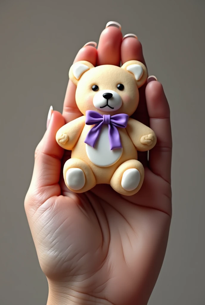  look realistic and striking a single hand holding a teddy bear cookie decorated with royal icing technique in white-gold colors and with a purple ribbon, Make 