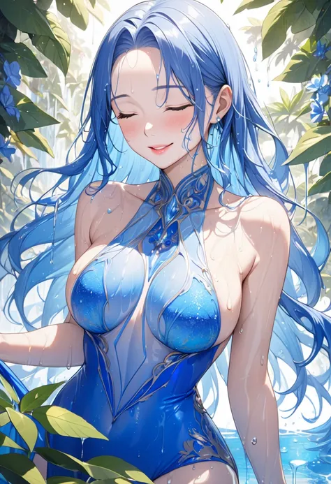 (beautiful and delicate) (Spectacular views illustration), (in a vivid blue color Elegant onepiece dress swimwear), break, (dripping wet skin), solo, (beautiful skin, immensely beautiful face), (glossy lip), (delicate forehead, vivid blue hair, very beauty...