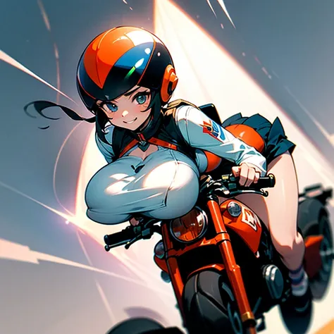 masterpiece,Best Quality,One, (((wearing mini skirt))), girl,Chibi,motorcycle,Jump, (frown:0.9),smile,speed,Motion Lines,helmet, mini skirt、A silly smile、(((big breast:1.5)))