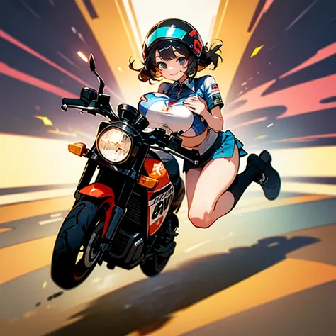 masterpiece,Best Quality,One, (((wearing mini skirt))), girl,Chibi,motorcycle,Jump, (frown:0.9),smile,speed,Motion Lines,helmet, mini skirt、A silly smile、(((big breast:1.5)))