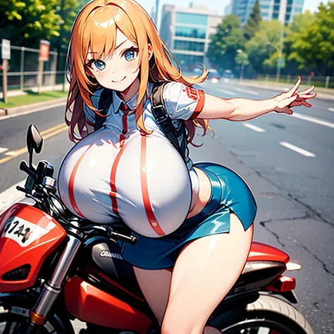 masterpiece,Best Quality,One, (((wearing mini skirt))), girl,Chibi,motorcycle,Jump, (frown:0.9),smile,speed,Motion Lines,helmet, mini skirt、A silly smile、(((big breast:1.5)))