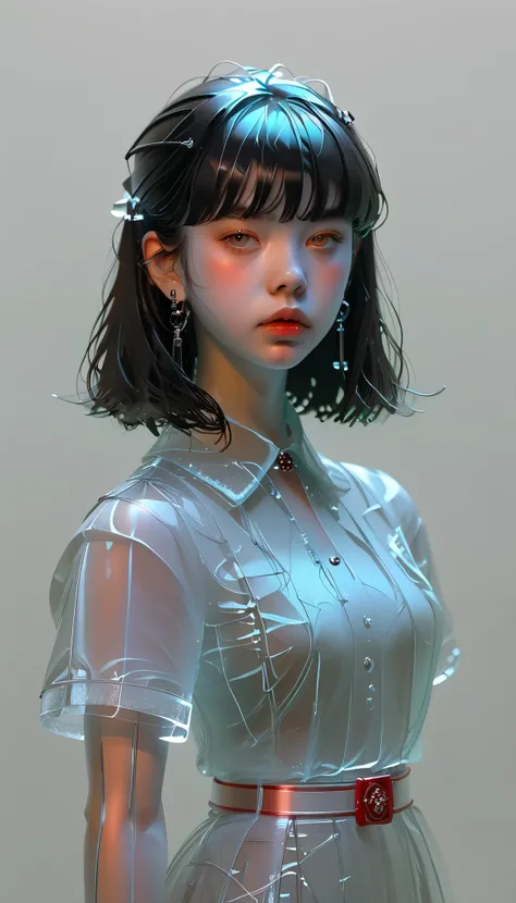  graphic design ，Goth，blank， 1 Color Glass Clear 3D Portrait Sculpture Statue 、Knee、Rough surface finish  ， Face Glowing Lines  ， simple background、 minimalism、 Beautiful Japanese High School Girl 、 straight hair 、bangs、 black hair、Idol、Dark Background、cha...