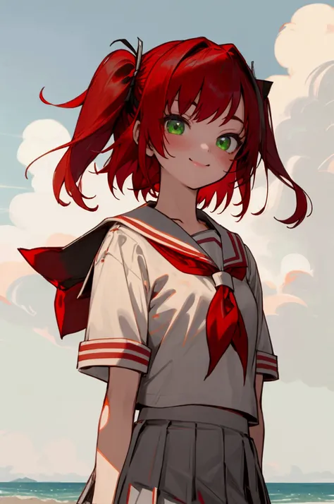 (masterpiece, best quality), illustration, detailed eyes, 1girl, solo, kurosawa ruby, flat chest, red hair, two side up, green eyes, smile, school uniform, white shirt, pleated skirt, serafuku, grey skirt, red neckerchief, grey sailor collar, coast, white ...