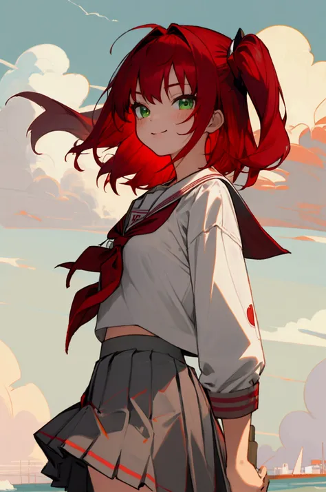 (masterpiece, best quality), illustration, detailed eyes, 1girl, solo, kurosawa ruby, flat chest, red hair, two side up, green eyes, smile, school uniform, white shirt, pleated skirt, serafuku, grey skirt, red neckerchief, grey sailor collar, coast, white ...