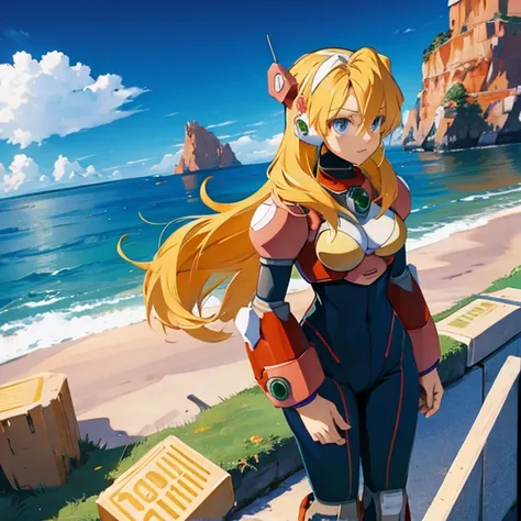 alia_megamanx, 1girl, solo, breasts, blue eyes, blonde hair, android, long hair, robot ears, overlooking the ocean on the edge of a rock, in the style of avian-themed, realistic yet stylized, villagecore, azure, orange and azure, dragoncore, aerial view