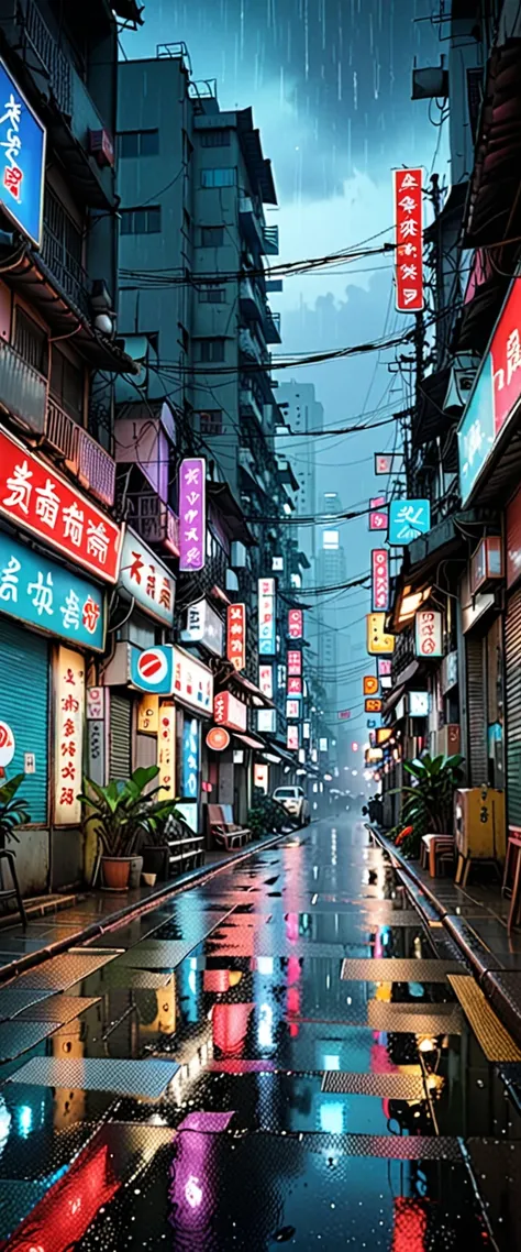  urban buildings blur in the haze 、 neon signs emit fantastic light 。 in the humid air 、It starts raining。 with a delicate touch like ink painting 、 expresses a mystical atmosphere from the posture and expression of 。The composition is symmetrical 、 emphas...