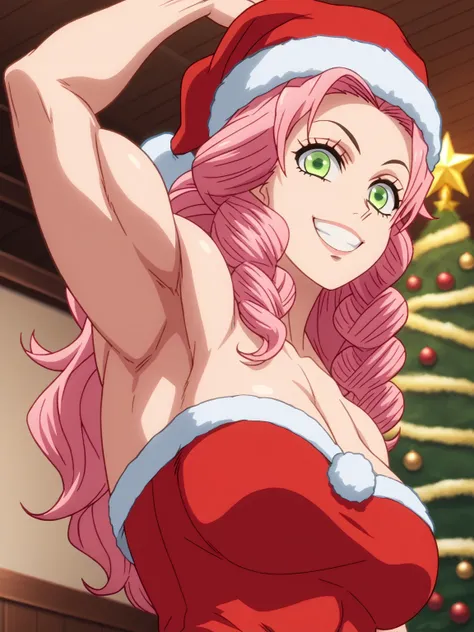 score_9, score_8_up, score_7_up, source_anime, anime screencap, 1girl, solo, kanroji, long hair,pink greenhair, muscular, muscular female,green eyes, parted bangs, Santa costume, red costume, strapless, Santa hat, arm up, raised arm, armpit, looking at vie...