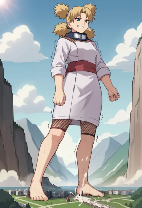 easynegative, safe_pos,score_9,score_8_up,score_7_up,score_6_up,source_anime, Giantess, macro, very sweaty, bigger than island, barefoot, Landscape, cityscape, smug expression, devious grin, temari, bangs, blonde hair, quad tails, blue eyes,long sleeves, f...