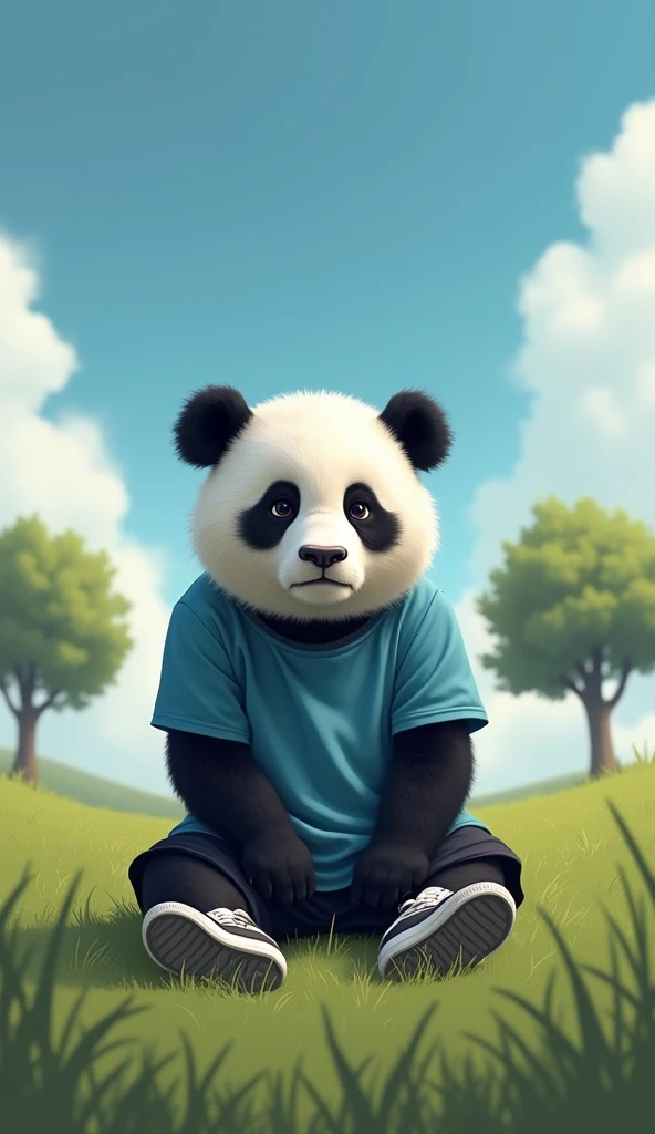 Cute panda crying ,sad face ,bule t shirt ,black  shorts, white end black shoes, bulu sky ,2 tree ,grass