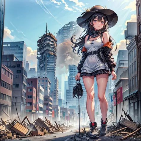 ((Long black hair)) Composition seen from below ((Tall girl in bikini swimsuit)) Bikini swimsuit, straw hat, tanned skin, wheat-colored skin, sneakers (cloudy) ((grayish sky)) Masterpiece Anime style Delicate Painting 4K 90s Large crowd ((Battlefield)) ((D...