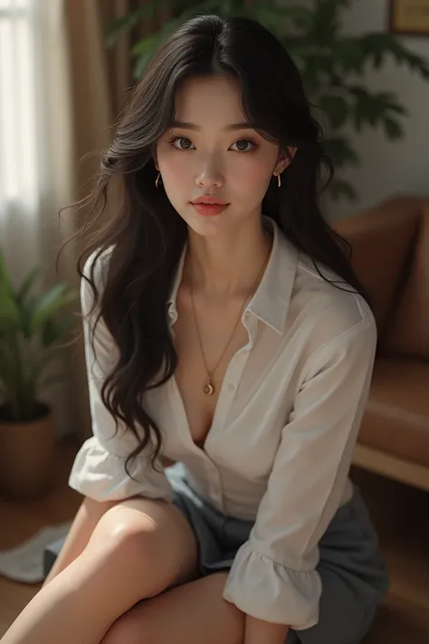 Korean girl with big breasts and long hair sitting in a room wearing a realistic shirt and skirt