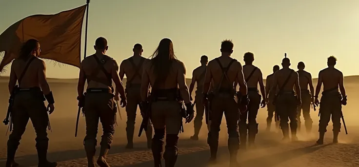  Madmaxs militia gang in the middle of the wilderness,  coming together to go to war , dust, Madmax Army , blue sky, desert