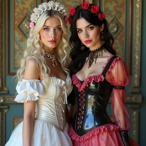 two women in costumes posing for a photo in front of a wall, a photo by Marie Angel, tumblr, rococo, frills, frilly outfit, frill, corsets, lolita style, maid dress, lolita fashion, ruffles tassels and ribbons, maid outfit, latex outfits, various colors, w...