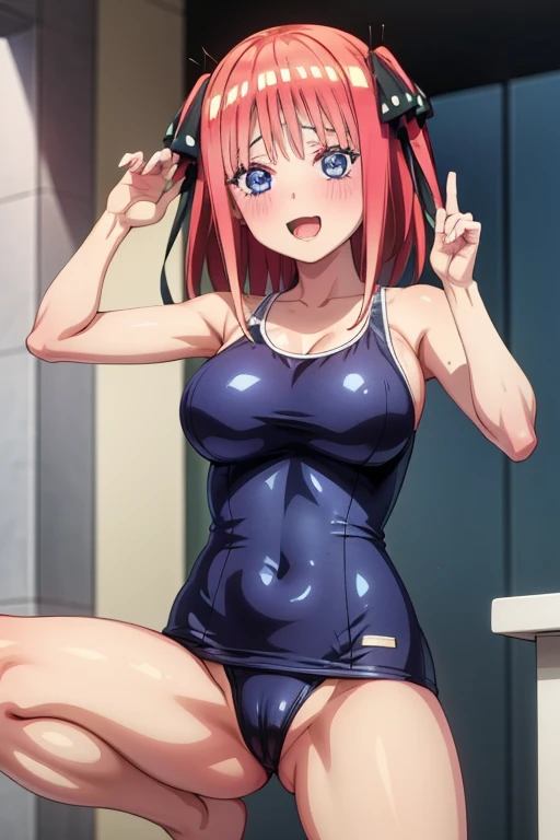 best quality, masterpiece,1 female, large breasts, blush, cheerful eyes, one-piece swimsuit, shameless pose, nino nakano, pussy, Perfect fingers