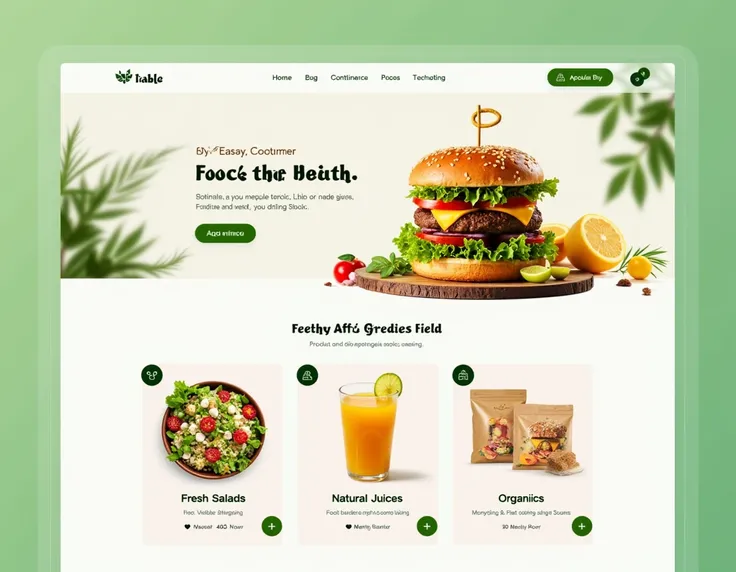 " Generate an image that represents an online health food store like Della Natura  .  The image must show a modern and attractive e-commerce interface ,  highlighting healthy products such as healthy hamburgers , fresh salads ,  natural juices and organic ...