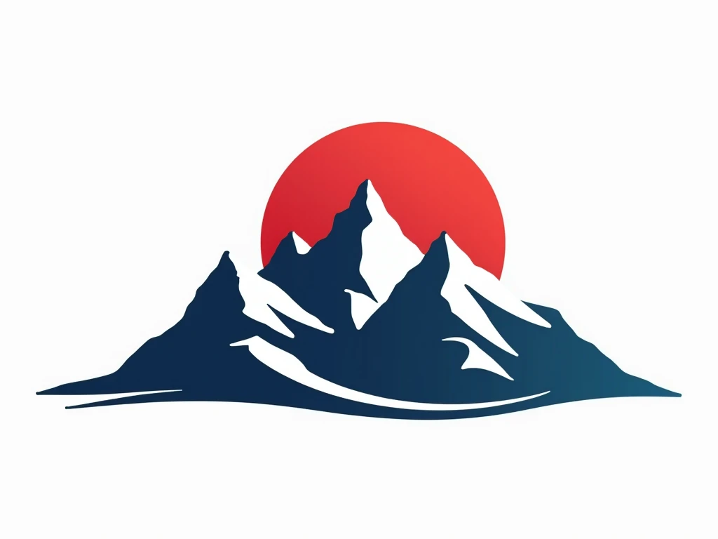 Generate a logo， is a magnificent atmosphere ，The center of the spectacular mountain ，There is a hill next to it that lines up the mountains，Trendy style，Abstract Art，White background，logo，Red and blue color scheme ，no clouds，Remove the sun，No spires ，No s...