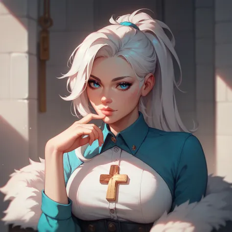 sexy woman,.  White hair, hairstyle fluffy, hair with cropped bangs ,  ponytail hair , cyan blue eyes,  wearing long sleeve button-down shirt in the color white, wearing a short black skirt,  Sitting cross-legged , sexy bothy, sexy mouth, sexy lips