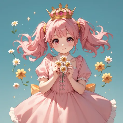 Character Creation Cute Little Pink Hair Yellow Tipped Pink Dress In Pink Eyes 
A cute  is posting a cute guy with a crown on his head.
Very cute, cute, made in many poses, holding things like daisies, magic items.