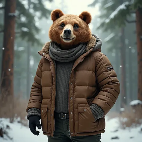 bear in a middle age man body with winter casual clothes in the forest, half body, looking to the camera with smile, realistic
