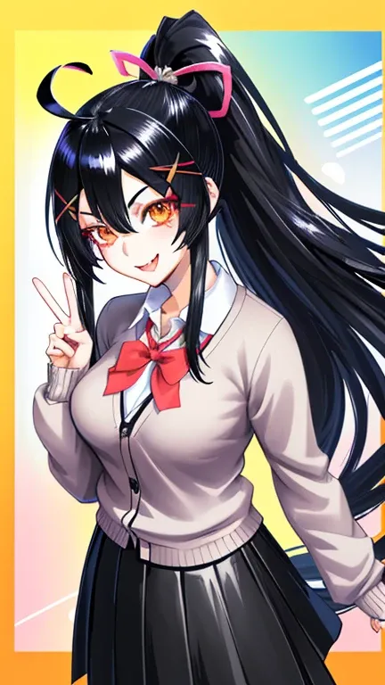 beautiful girl, Beauty, penetrates, ponytail, black hair, smile, embarrassing, cardigan, check long skirt, peace sign, in class room, long hair, straight hair, shiny hair, lone nape hair, huge ahoge, ribbon, x hair ornament, the number of fingers and bone ...