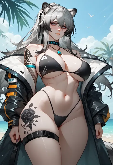 Schwarz(Arknights),long grey hair,animal ears, blushing,curvy body,NSFW, bikini only,more details,tattoos, midnight setting,solo focus