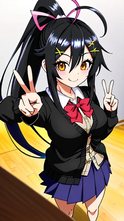 beautiful girl, Beauty, penetrates, ponytail, black hair, smile, embarrassing, cardigan, check long skirt, peace sign, in class room, long hair, straight hair, shiny hair, lone nape hair, huge ahoge, ribbon, x hair ornament, the number of fingers and bone ...