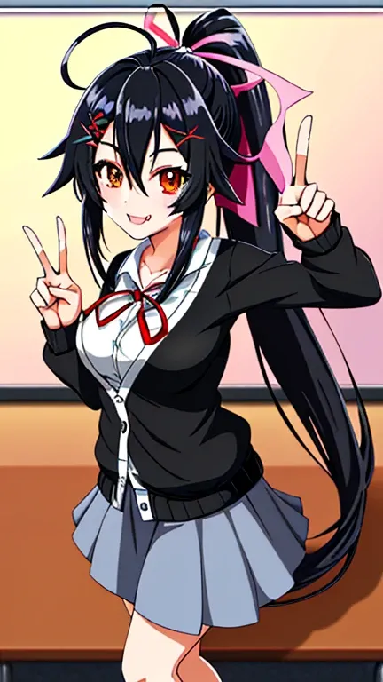 beautiful girl, Beauty, penetrates, ponytail, black hair, smile, embarrassing, cardigan, check long skirt, peace sign, in class room, long hair, straight hair, shiny hair, lone nape hair, huge ahoge, ribbon, x hair ornament, the number of fingers and bone ...