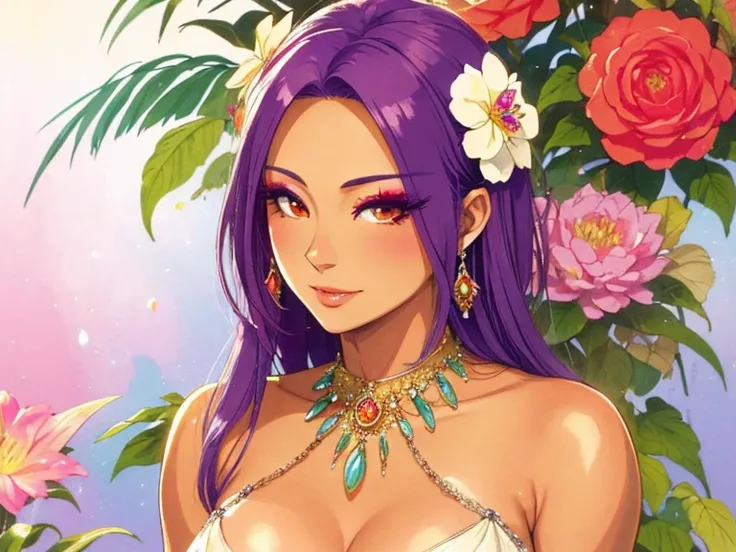 A coloured mild-tan mature hottie bride!, glass-flower-themed with long hair, overflowing kindness, decent makeup!, realistic and detailed, best quality, otherworldly splendor, inspired by pretty sexie Seira Sodeshiro. relaxed, captivating visial story, pr...