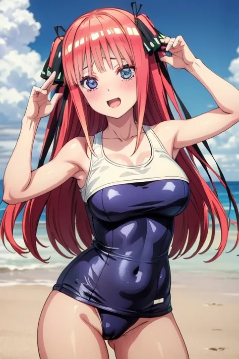 best quality, masterpiece,1 female, large breasts, blush, cheerful eyes, one-piece swimsuit, old school swimsuit, shameless pose, nino nakano, pussy, Perfect fingers