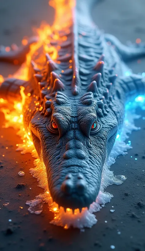 This is a scene where the entire body of the crocodile is visible。The video shows the crocodile from a distance、The crocodiles tail is visible

The crocodiles tail is burning fiercely

A terrifying, gigantic crocodile made entirely from fire and ice、It has...