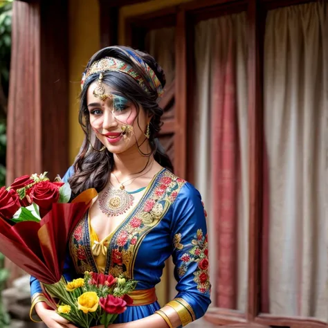 a portrait photo of a 25_year_old woman, light smile, taking red rose flower bouquet in hand, intricate traditional nepali blue clothes, yellow matte background skp