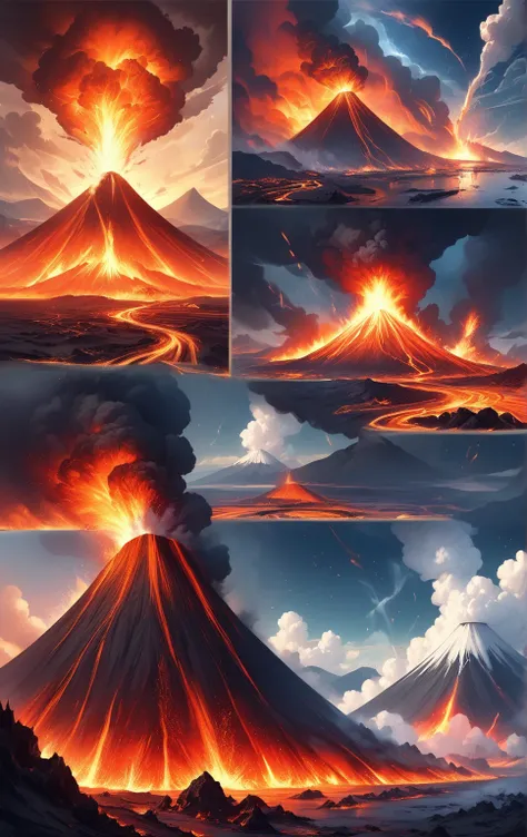    masterpiece， digital art  、  Poster Designs  、Volcanic eruption、 White Little Foxes Manipulate Flames，,Effects of Volcanic Eruptions 、Cool explanation   、#  magic  