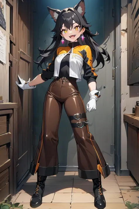 Female Teenager ,solo, black hair, smile, yellow eyes, Wolf Ears, Fangs, bodysuit shirt, Trim Marks, white gloves. leather open wide pants, heel boots, Breasts, standing, Crystal Earrings, Masterpiece, Best Quality, Anime Style