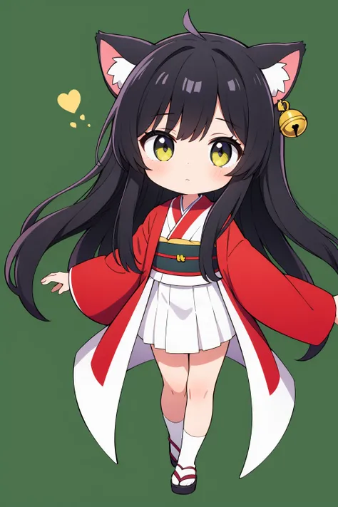 girl chibi Long Black Hair Full Body Cat ears with a bell red long kimono green background