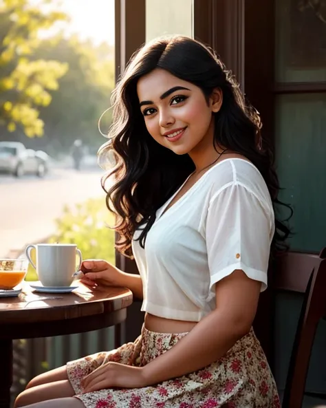 (masterpiece illustration) of a (solo:1.3) ravishing alluring curvy malayali Nazriya Nazim Thomas, having breakfast at a beach garden cafe, beautiful breakfast spread, in printed strapy blouse & skirt, navel, glistening skin, (messy wavy backlit hair), viv...