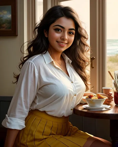 (masterpiece illustration) of a (solo:1.3) ravishing alluring curvy malayali Nazriya Nazim Thomas, having breakfast at a beach garden cafe, beautiful breakfast spread, in printed strapy blouse & skirt, navel, glistening skin, (messy wavy backlit hair), viv...