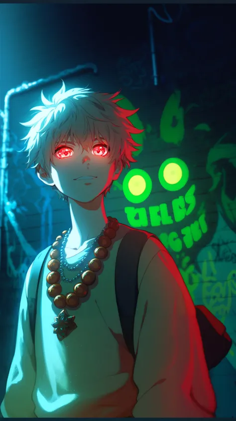 anime style, cool and edgy, cute, thicker outlines, painterly elements, fine details, soft edges, Dutch angle shot, dynamic angle, A young man with glowing red eyes and light red hair, adorned with bracelets, standing in front of neon green graffiti on a d...