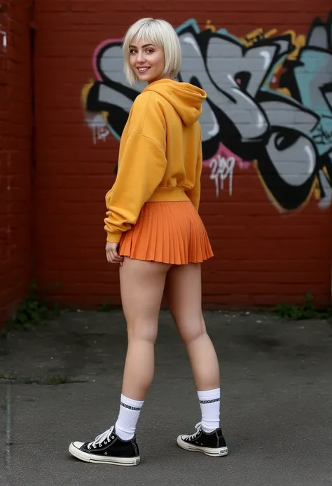 A young German woman, pale skin, green eyes, short silky blonde hair, big legs, big boobs, great ass. She is wearing a mustard yellow hooded sweatshirt, an orange pleated skirt, white socks and black Converse sneakers. She is standing with her back turned ...