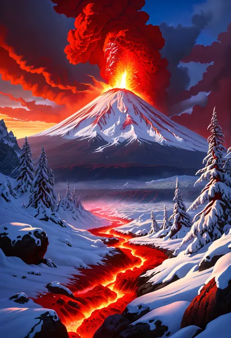 (((best quality))),(((ultra detailed))),(((masterpiece))),illustration,volcanic eruption, serene winter landscape, erupting volcano, white snow, vivid red lava, contrasting elements,angry natures force, smoky sky, sun obscured, destroyed trees and rocks, r...