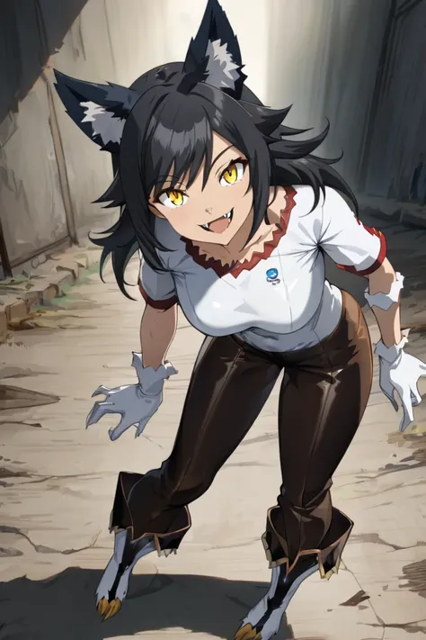 Female Teenager ,solo, black hair, smile, yellow eyes, Wolf Ears, Fangs, bodysuit shirt, Trim Marks, white gloves. leather open wide pants, heel boots, Breasts, standing, Masterpiece, Best Quality, Anime Style