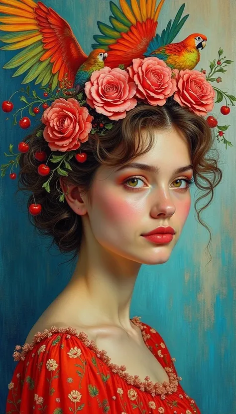 Ultra-realistic portrait multi-layered art: cherry fantasies in the style of Claude Monet, unrestrained creamy chocolate dream with streaks in the style of Auguste Renoir and a flight of fantasy on the wings of colorful parrots in the style of Vincent van ...