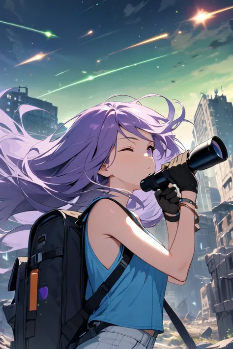 Solo, upper body, close up, one eye closed, one hand above ryes, young woman aiming telescope at sky, purple eyes, purple hair, long hair, hair blowing in wind, swept, bangs, thin, green tinted goggles, wearing blue rinbed tank top, white jeans, large back...