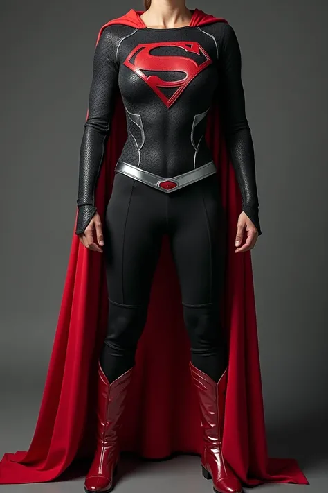  a costume inspired by the supergirl consisting of a black knitted shirt with a scale-shaped pattern,  giving a more tactical and textured look ,  with silver details . The S on the chest , iconic Superman symbol, Its medium ,  red and surrounded by silver...