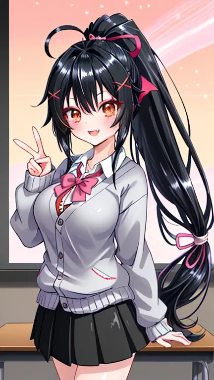 beautiful girl,, Beauty, penetrates, ponytail, black hair, smile, embarrassing, cardigan, check long skirt, peace sign, in class room, long hair, straight hair, shiny hair, lone nape hair, huge ahoge, ribbon, x hair ornament, the number of fingers and bone...