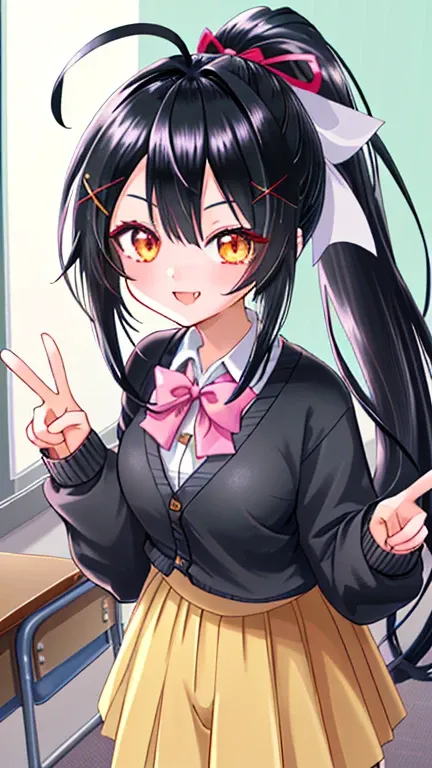 beautiful girl,, Beauty, penetrates, ponytail, black hair, smile, embarrassing, cardigan, check long skirt, peace sign, in class room, long hair, straight hair, shiny hair, lone nape hair, huge ahoge, ribbon, x hair ornament, the number of fingers and bone...