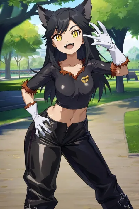 Female Teenager ,solo, black hair, smile, yellow eyes, Wolf Ears, Fangs, bodysuit shirt, Trim Marks, white gloves. leather open wide pants, heel boots, Breasts, standing, park, Masterpiece, Best Quality, Anime Style