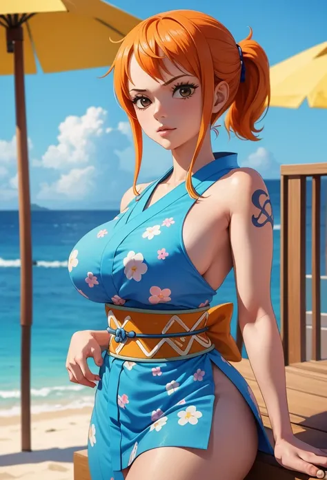 Masterpiece,Solo,1Girl,Nami,(One Piece),Perfect Body,Sexy Body Hot,Big Breast,High Quality,High Resolution,Photograph 16K,Ultra Detailed,Ultra HD,Erotic Girl,Beautiful,Beautiful Girl,Sexy Pose,Bedroom,Wearing Short Kimono,Blue Kimono,Beach Background,Orang...