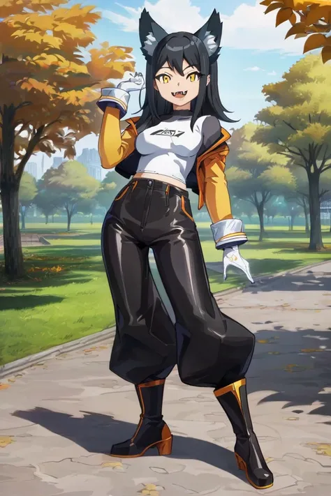 Female Teenager ,solo, black hair, smile, yellow eyes, Wolf Ears, Fangs, open jacket, bodysuit shirt, Trim Marks, white gloves. leather open wide pants, heel boots, Breasts, standing, park, Masterpiece, Best Quality, Anime Style